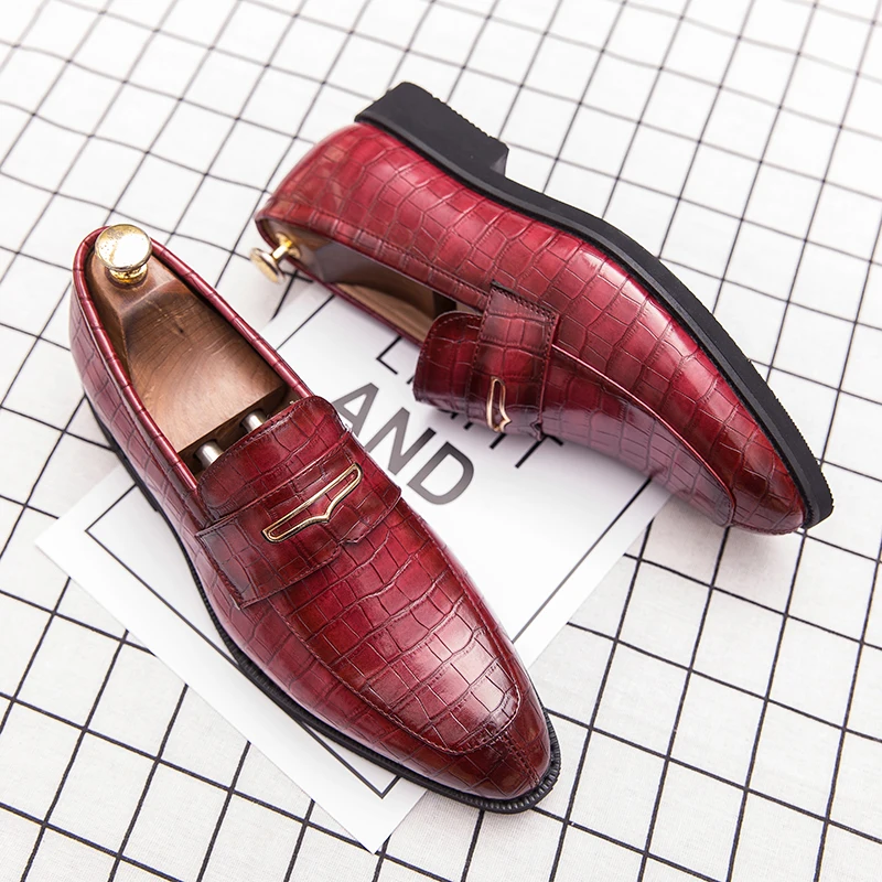 

FIXSYS Leather Casual Shoes Crocodile Pattern Man Penny Loafers Vintage Wedding Party Shoes Handmade Spring Mens Oxford Shoes