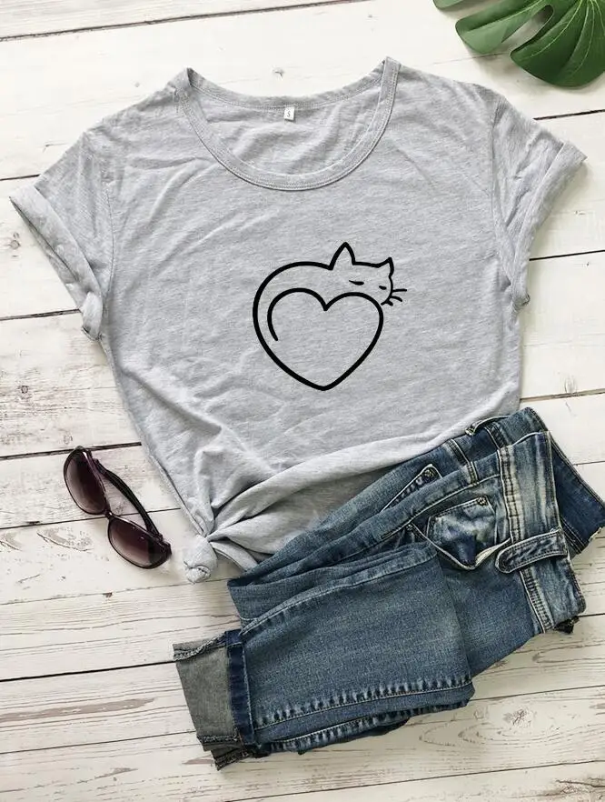 

100% Pure Cotton Women T Shirt Cat Heart Printed Tshirt Ladies Short Sleeve Tee Shirt Women Female Tops Clothes Camisetas Mujer