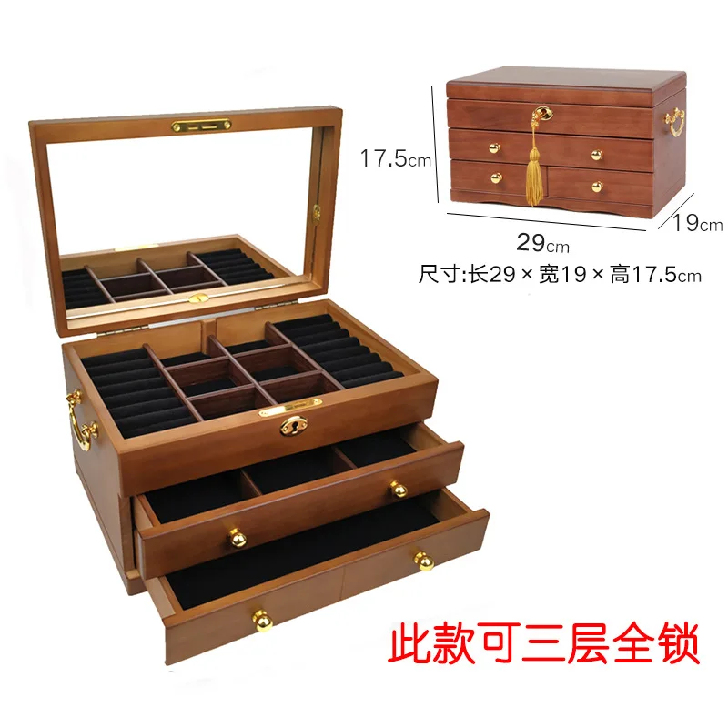 2021 New 3-Layer Wooden Jewelry Box With Lock Retro Flannel Jewelry Earrings Necklace Bracelet Storage Box