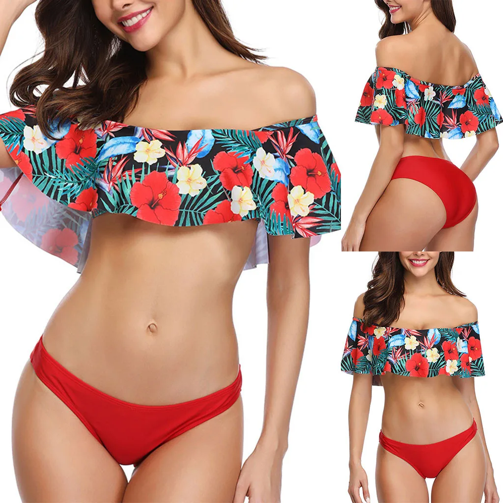 Бикини для женщин плюс размер такини Высокая талия Ruffleswimwear Swimuit женский ретро