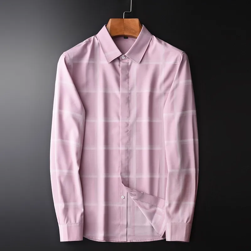 

Розовый 2021 Сумки из натуральной кожи мужские рубашки для мальчиков высокого качества с длинным рукавом крашенная в пряже в клетку повседне...