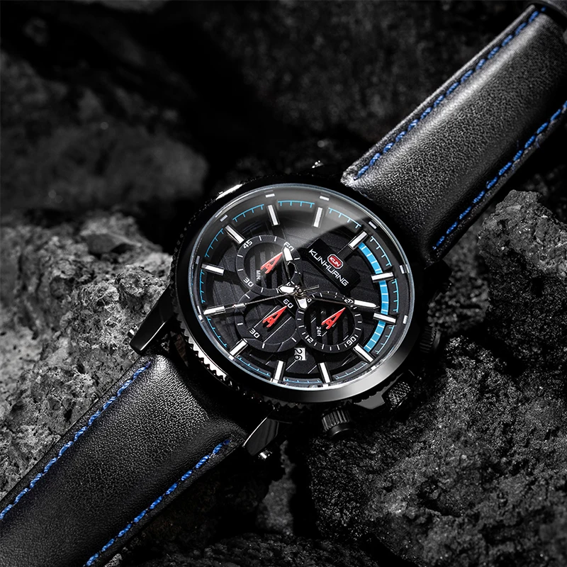 

Men's Watch Male Clock Chronograph Date Sport Watch Men Military Leather Strap Quartz Men Watch New KUNHUANG Top Brand Luxury