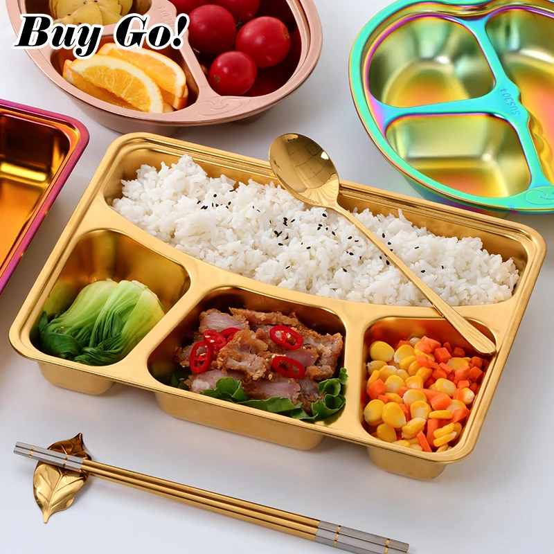 

304 Stainless Steel Non-Magnetic Fast Food Divided Tray Lunch Container Food Dinner Snack Plate With Lid for Kids School Canteen