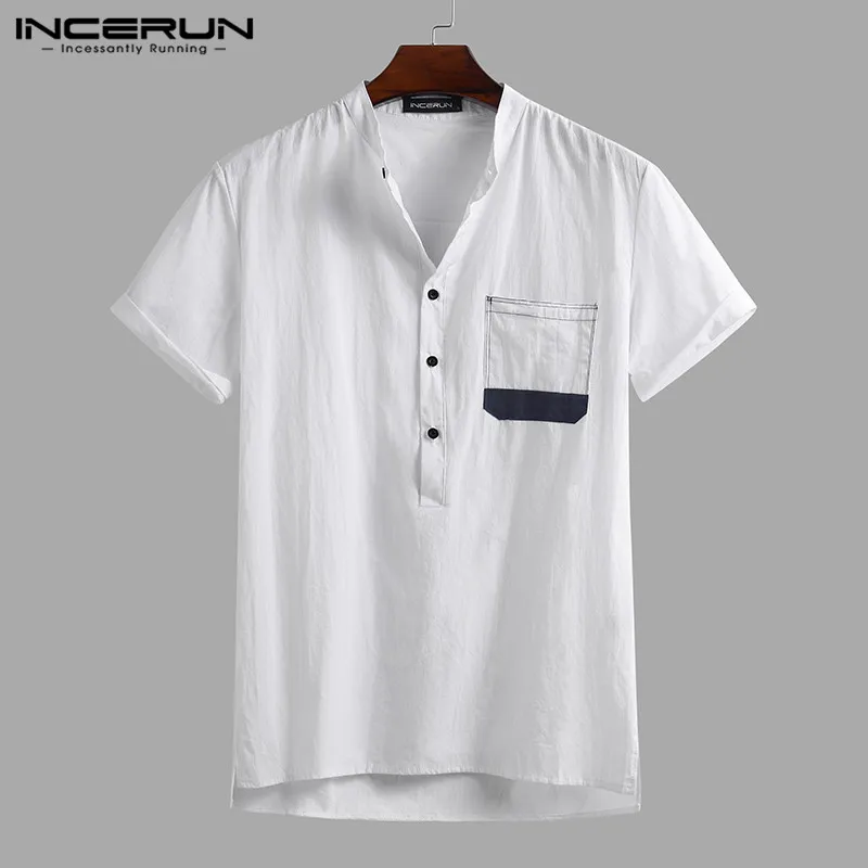 

INCERUN Short Sleeve Cotton Shirt Men Patchwork Stand Collar Brand Casual Tops 2021 Streetwear Button Harajuku Camisa Masculina