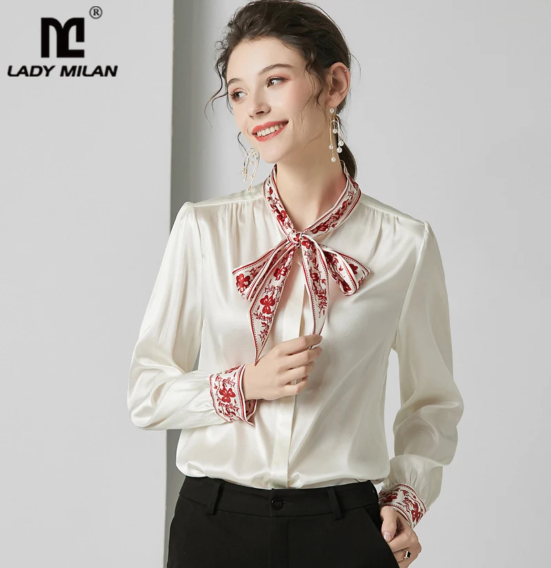 100% чистый шелк женские рубашки с принтом воротник бантом длинные рукава