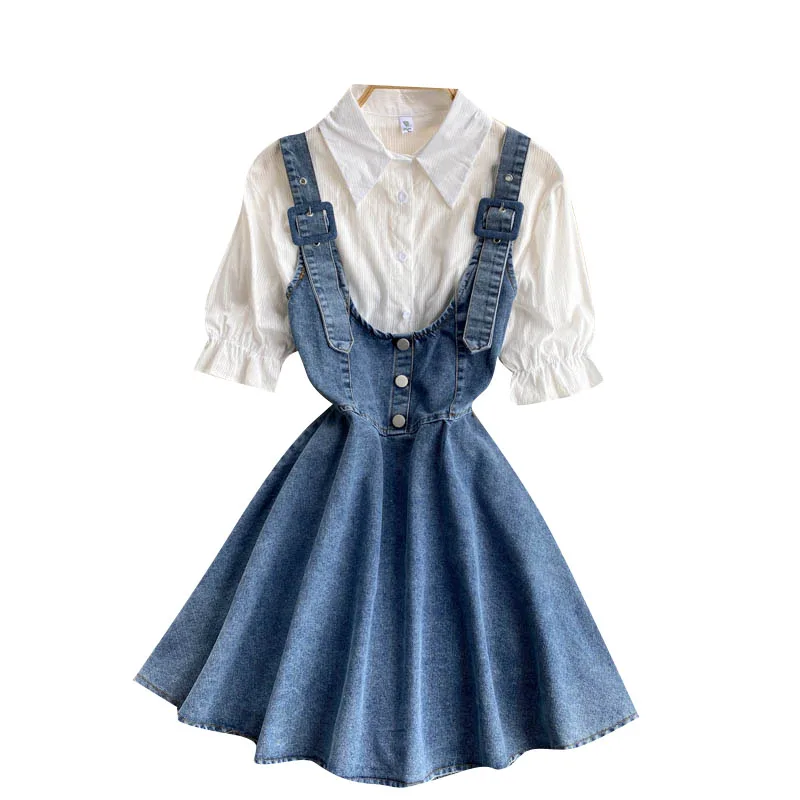 

College Style Suit 2021 New Style Ladies Shirt Sweet and Age-reducing Wild Denim Strap Skirt Fashionable Two-piece Suit