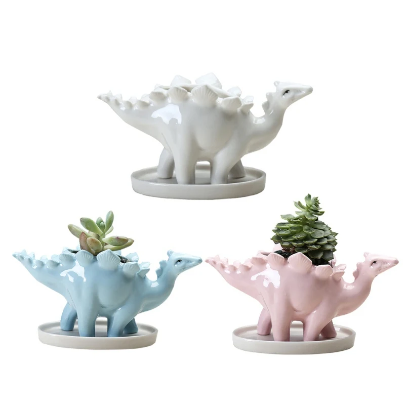 

Creative Ceramic Stegoauru Flower Pot Succulent Garden ktop coration With Tray Creative Dinoaur Flower Planter Pot