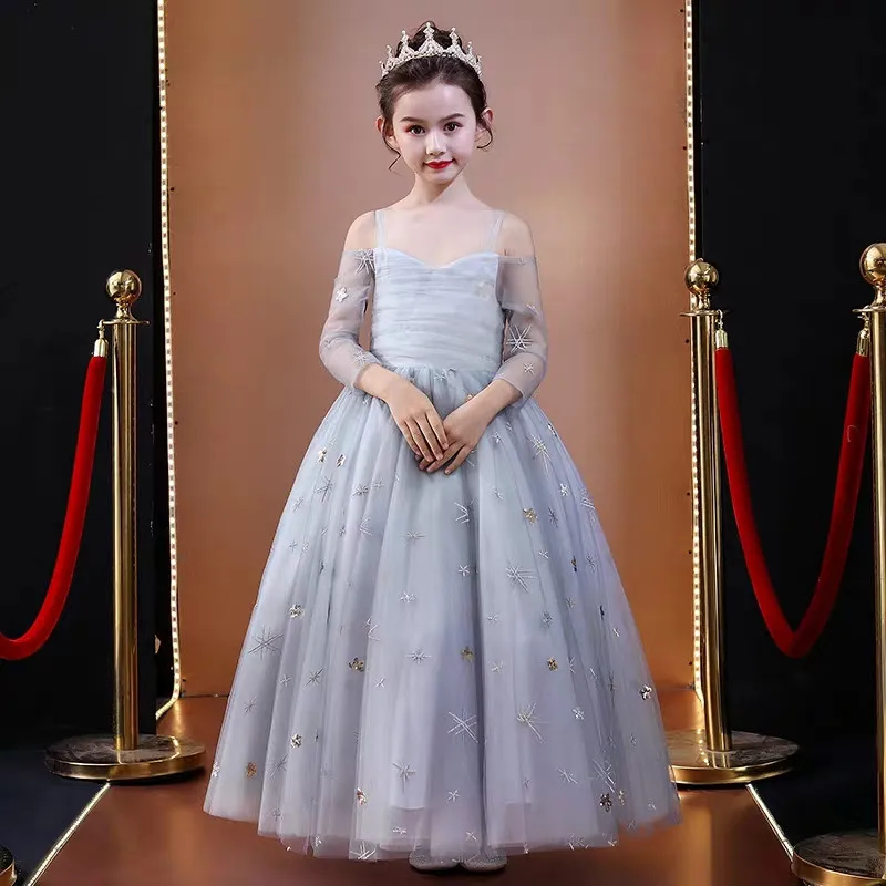 

Kids Teens Gorgeous Half-sleeves high-Grade Birthday Party Ceremony Princess Prom Dress Girls Piano Costumes Host Long Dress