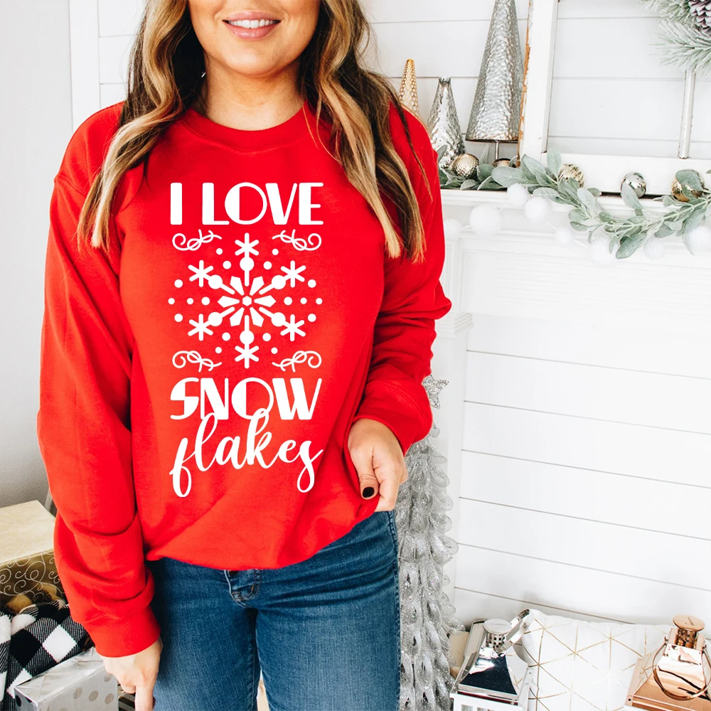 

BLINGPAW Autumn Winter Clothes Festive Christmas I Love Snow Flakey Letter Printed Unisex Heavy Blend Crewneck Sweatshirt