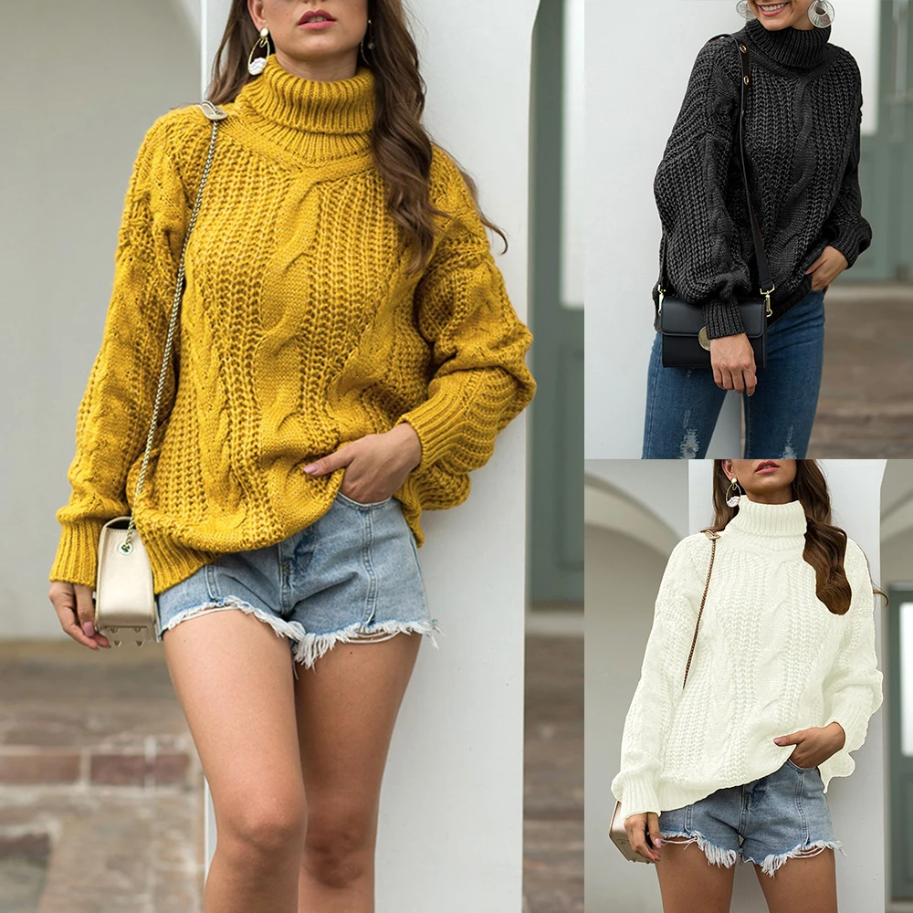 

Thickened Sweater Tops Women 2020 Autumn Winter Tops Korean Style Loose Twist Knitted Pullover Turtleneck Black White Female D30