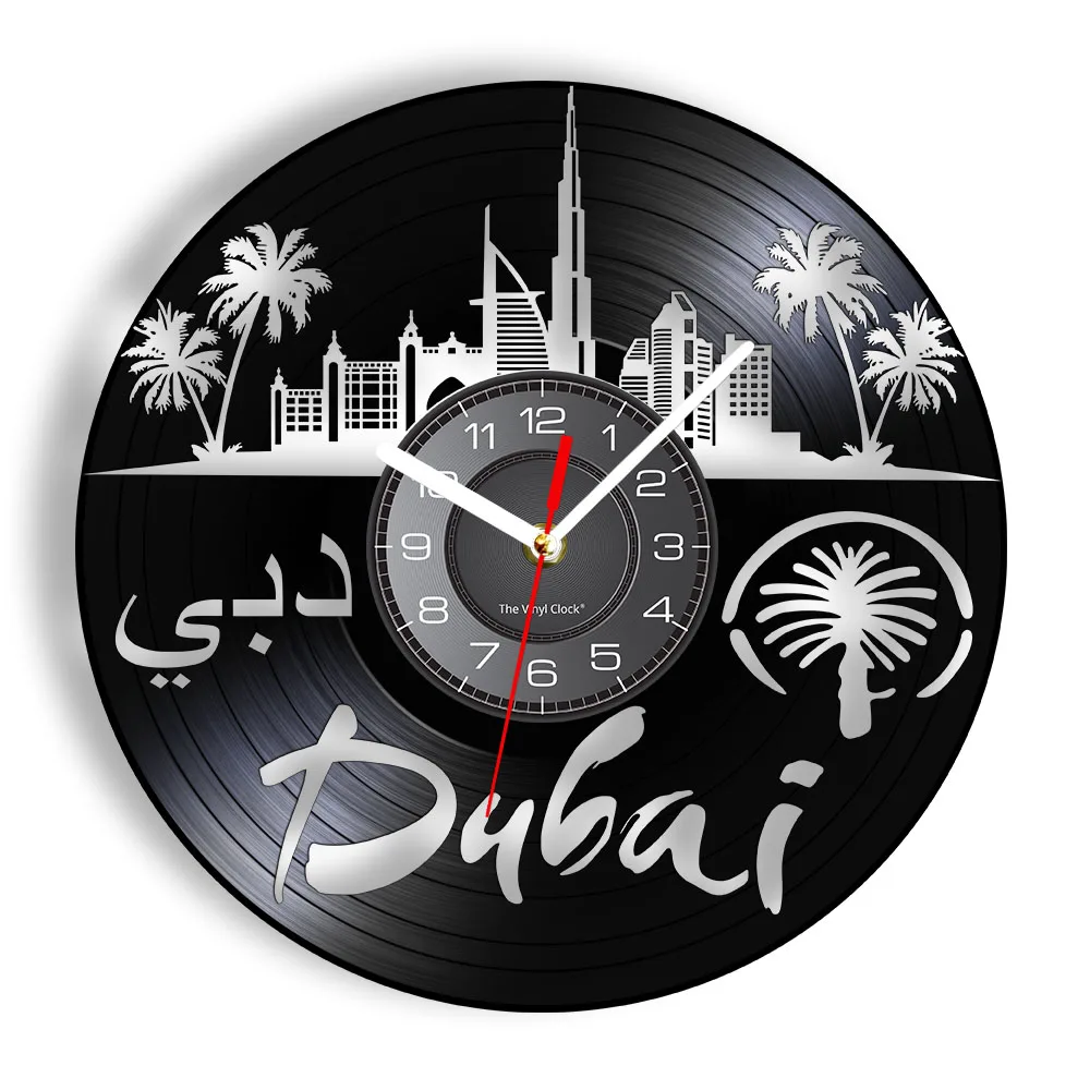 

Dubai United Arab Emirates Skyline Record Clock Middle East Wall Art Retro Vinyl Album Cut Out Cityscape View Arabic Home Decor