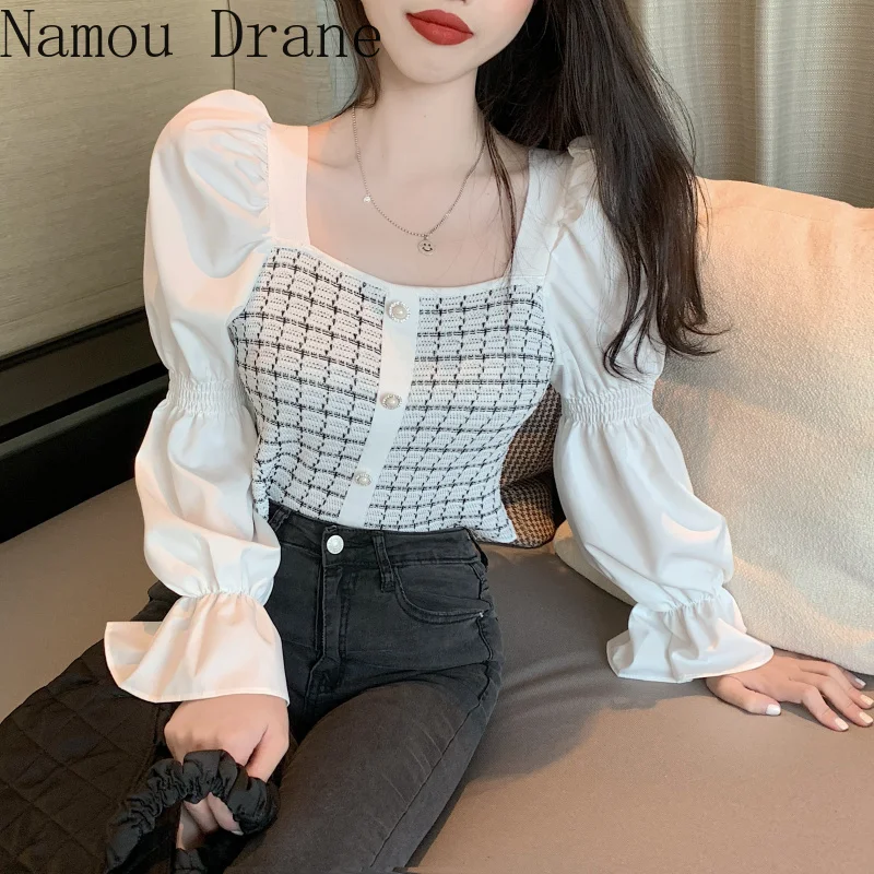 

Korean Plaid Patchwork Women Blouses Puff Long Sleeve Slim High Waist Short Shirt 2020 New Blusas Femme Tops