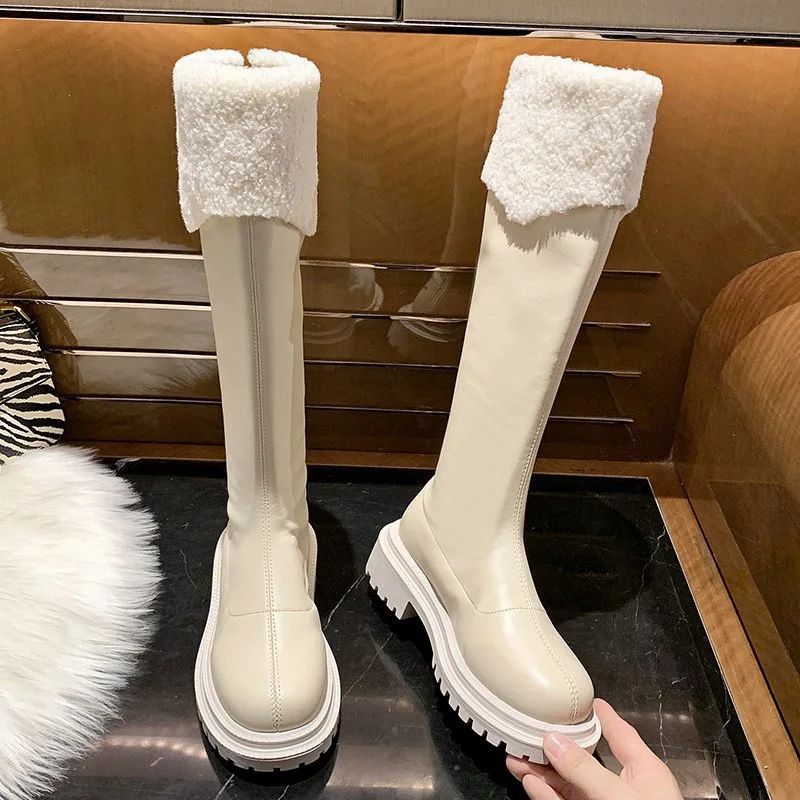 

Women Knight Boots Round Toe Women's Single Boots Plus Fleece Boots Women's Flat Toe Lamb Hair Cuffed Thick-soled High Boots