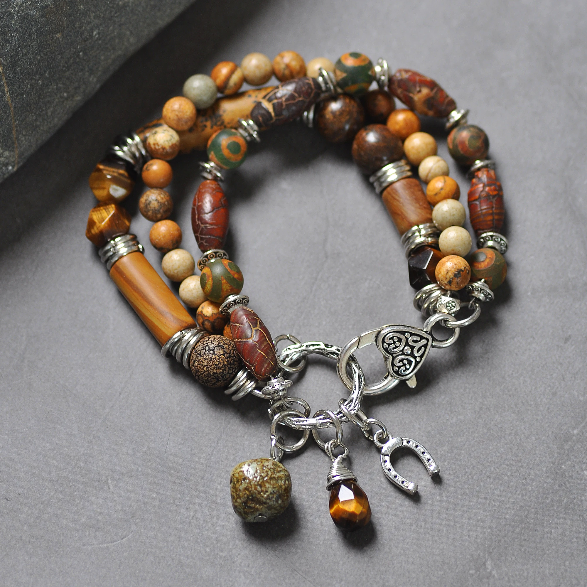 Ручной работы 3 пряди натуральный камень бусины браслеты сплав Любовь Сердце