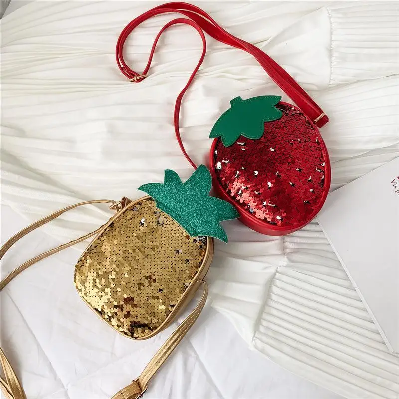 Lovely Children Sequin Small Shoulder Bag Cute Strawberry Baby Girls Crossbody Bags PU Leather Kids Boys Coin Purse Handbags
