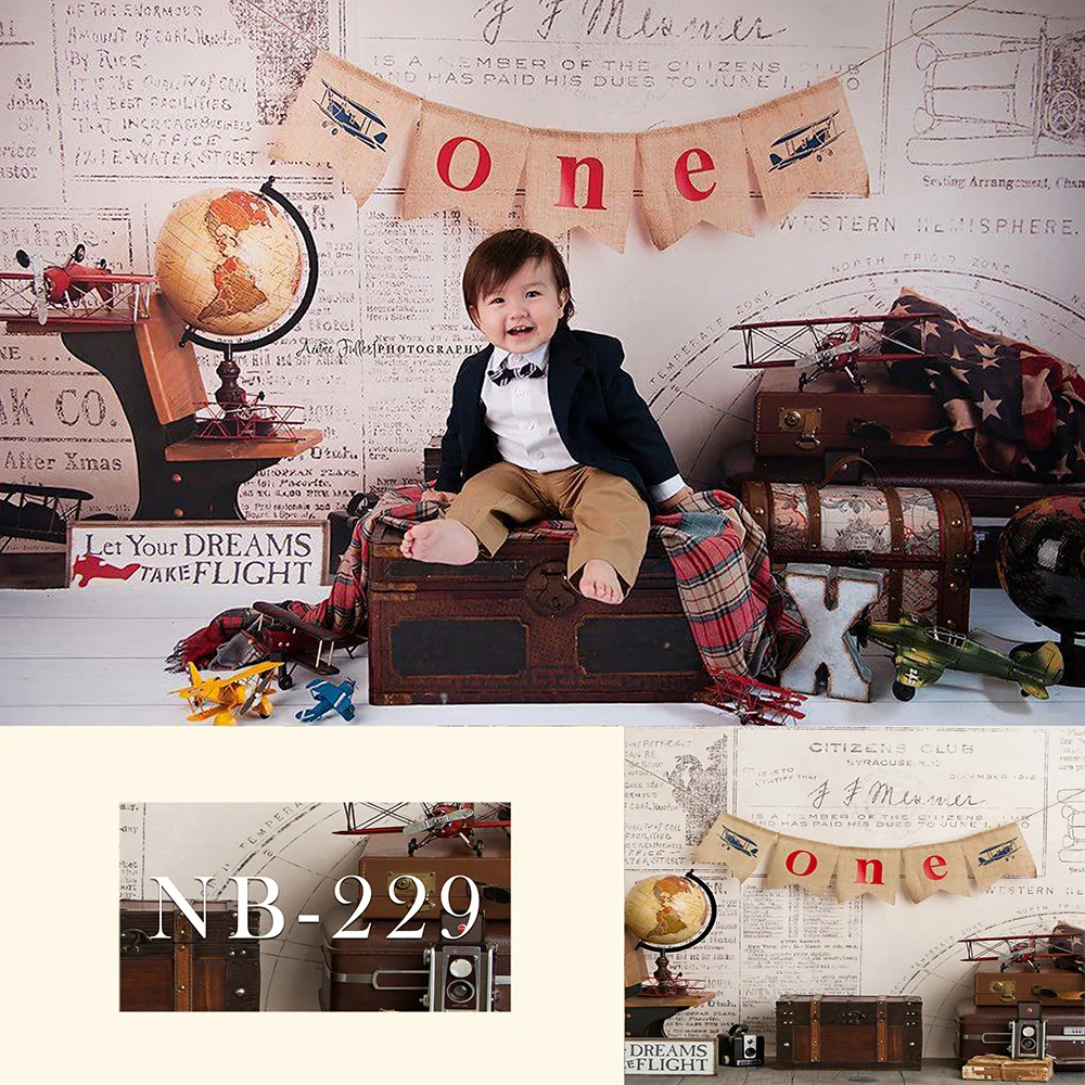 Фон для студийной фотосъемки новорожденных с изображением чемодана самолета