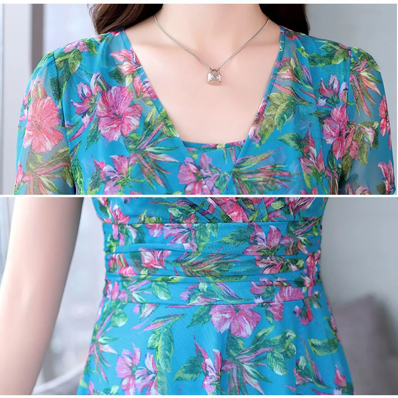 

Summer Casual Floral Chiffon Dress Women Plus Size Elegant Short Sleeve Midi Party Dress Fashion Print High Waist Beach Dress