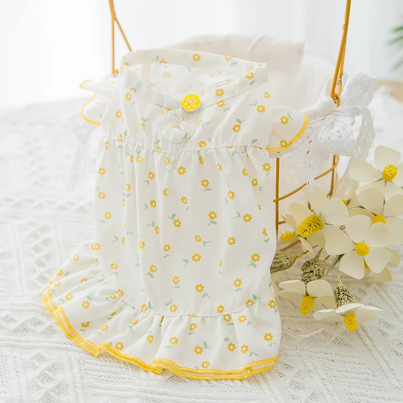 

Summer&spring Pet Clothes Cat Breathable Dress Sunflower Print Lace Sleeves Dress Cat Floral Princess Sweet Clothes Pet Supplies
