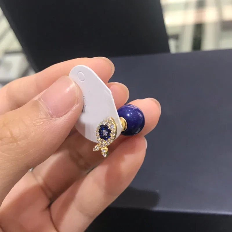 UMGODLY Luxury Brand 1PC Yellow Gold Color Lucky Eye Fish Lapis Stud Earrings Pave Cubic Zirconia Women Fashion Jewelry | Украшения и