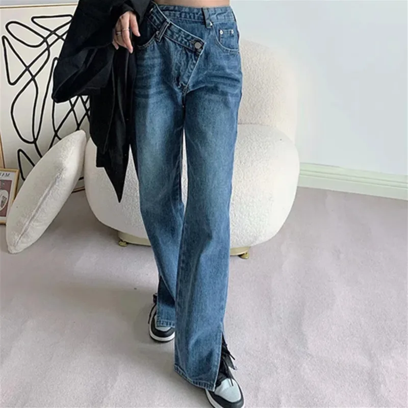 

TVVOVVIN New Spring Denim Irregular Washed High Waist Oblique Buckle Trousers Women's Casual Split Loose Jeans Jf86