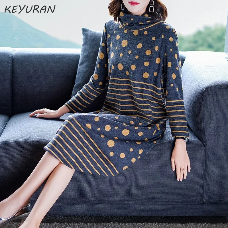 Осенне зимнее новое женское длинное платье свитер в полоску и горошек свободный