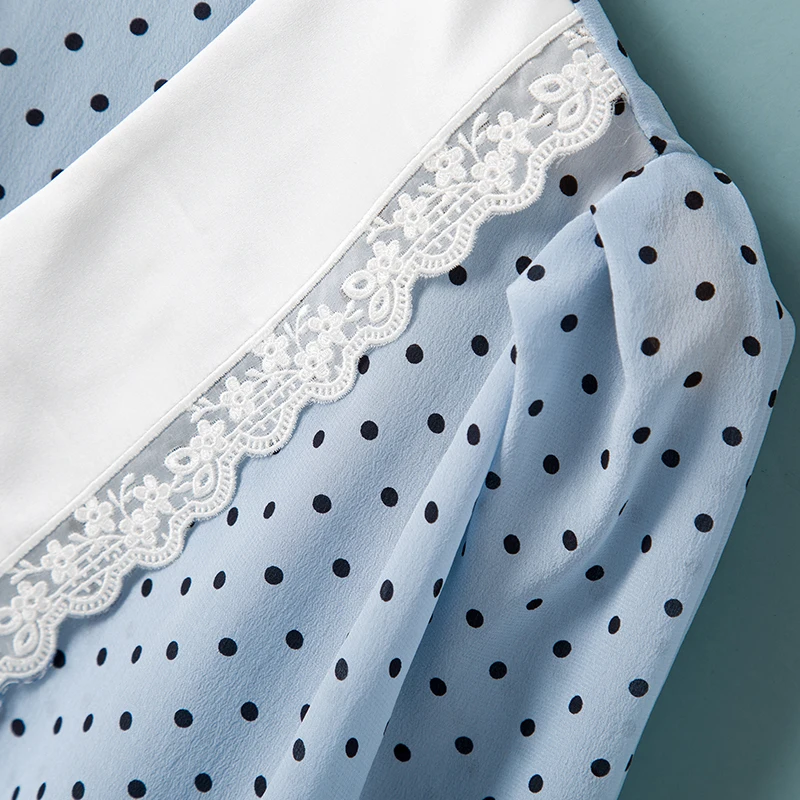 

100% Silk Women's Shirt Turn Down Collar Short Sleeves Polka Dots Printed Lace Patchwork Fashion Summer Blouse Camisa