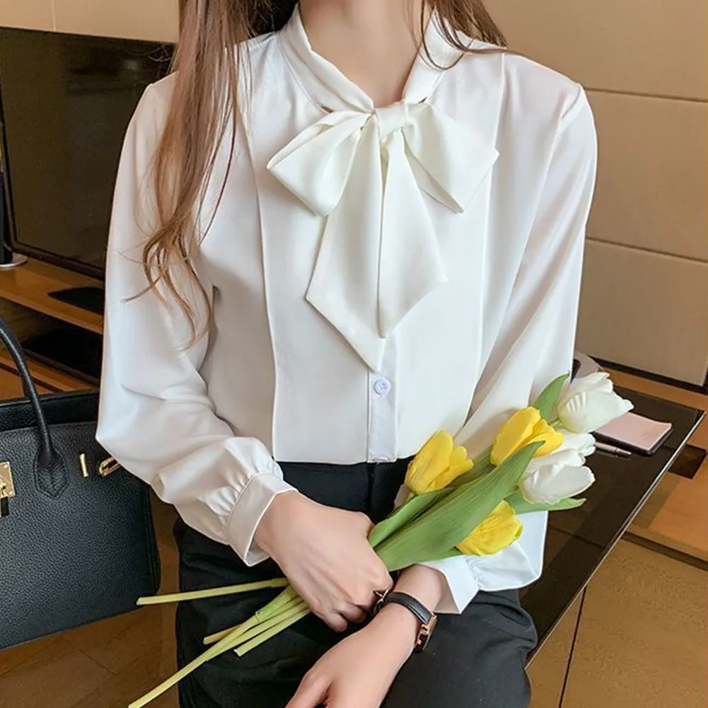 

Korean Women Sweet Soft Chiffon Blouse Elegant Office Lady Long Sleeve Shirt Pocket Femal Shirts Pullovers