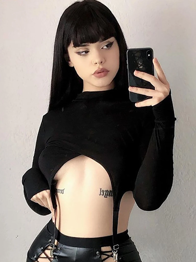 

Женские Модные Бархатные Топы NANXI с поясом-подвязкой, облегающие футболки с разрезом в Интернете, одежда темной академии в готическом стиле,...