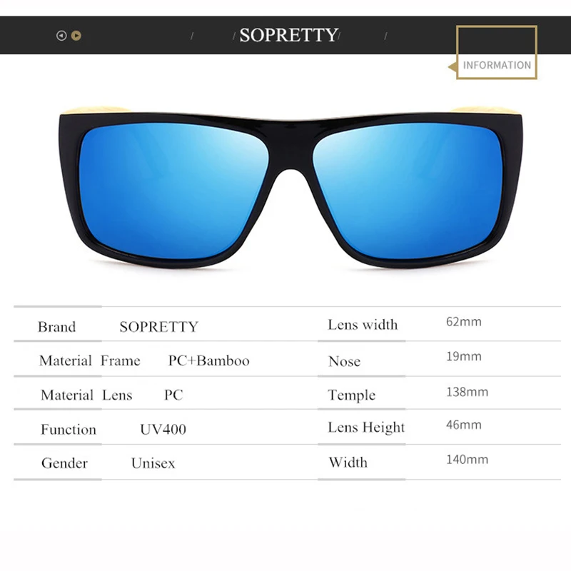 SOPRETTY New Retro Wood Men Bamboo Sunglasses Women Brand Design Goggles Wooden Sun Glasses Unisex Square Eyewear | Аксессуары для