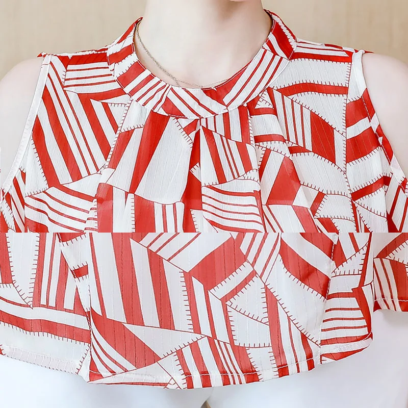 

Korean fashion clothing 2020 chiffon blouse for women tops short sleeve Spliced Geometric Stand Puff Sleeve blusas shirts 0565
