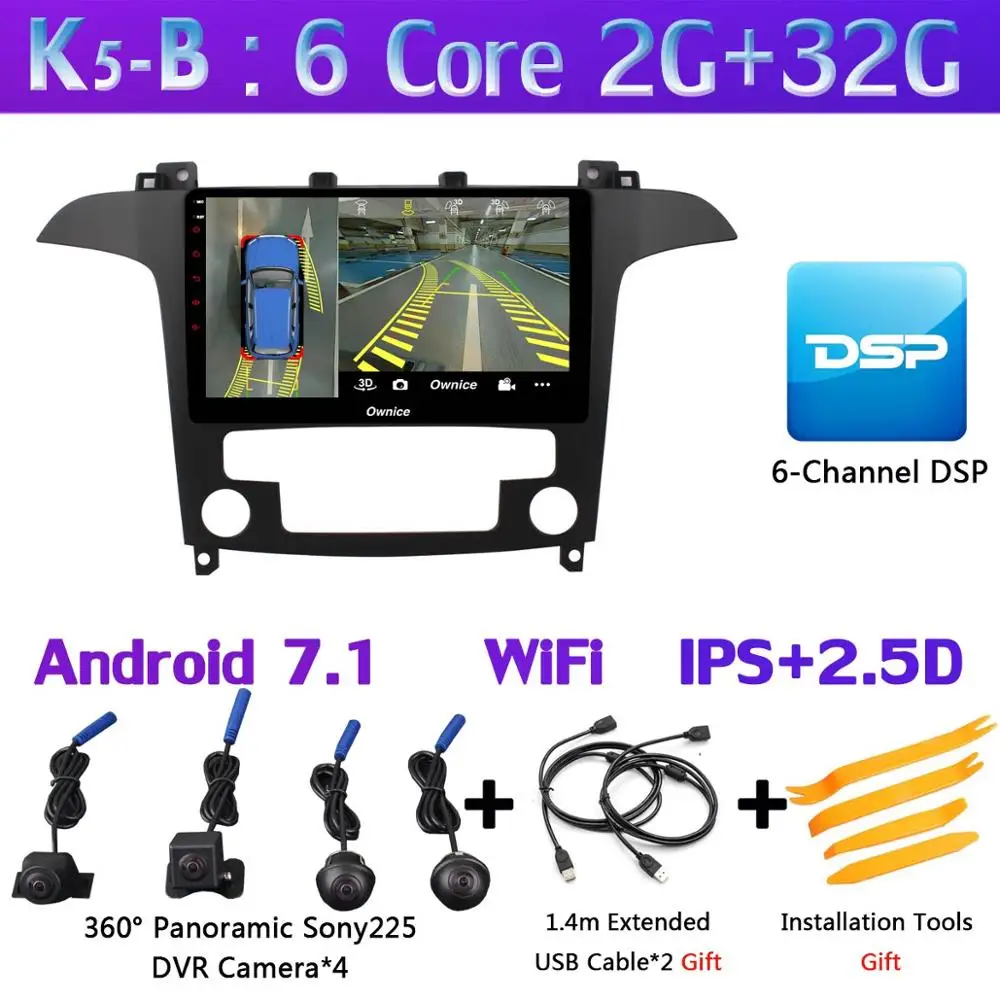 K5-B 360°Pano ram ic 4×камера 4G LTE 4 ГБ ОЗУ+ 32 ГБ Android 9,0 ips Автомагнитола для Ford S-Max S Max 2007 2008 gps Navi DSP CarPlay - Цвет: K5-B