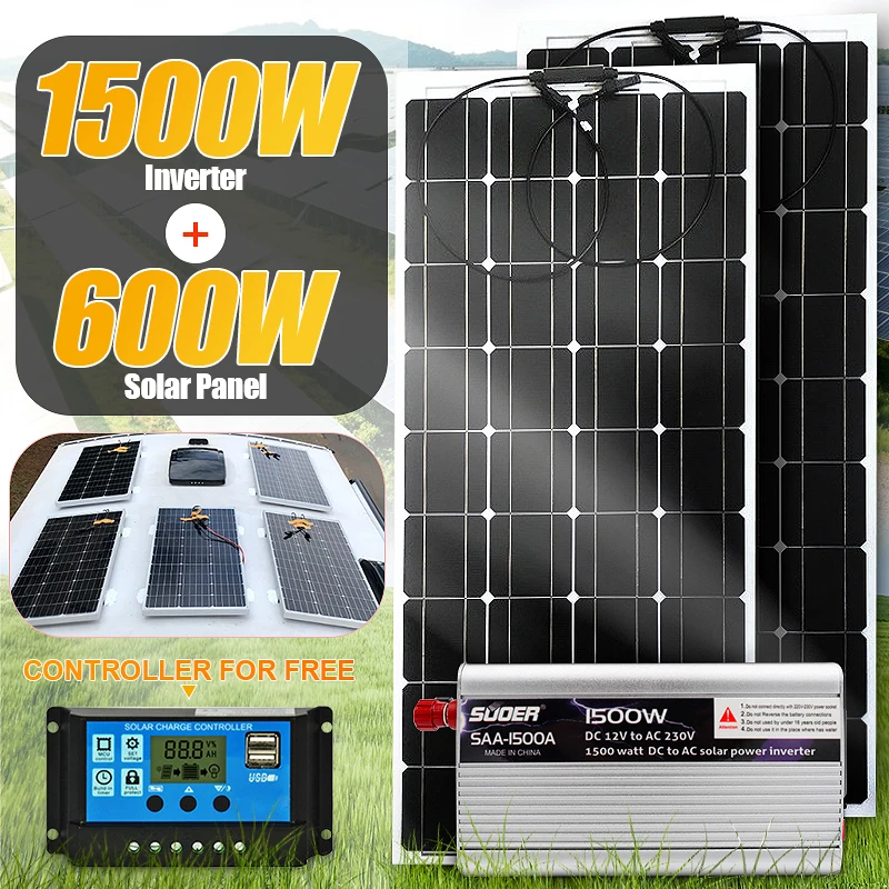1500W Modified Sine Wave Inverter 600W 18V Solar Panel Off Gird Power Generator Charger System Kit Accessories 12V DC to 220V AC |