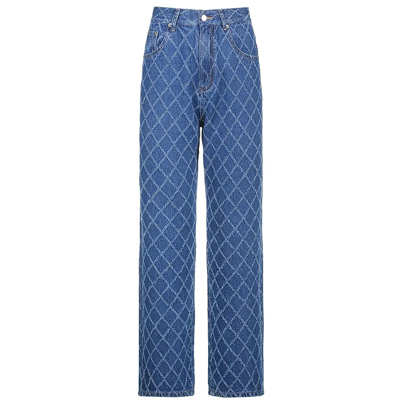 

New women's trousers European and American style pure color diamond plaid vertical feeling straight pants high waist casual jean