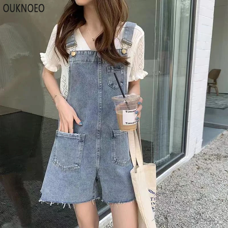 

Women's Denim Jumpsuits Summer Retro Loose Shorts Show Thin Hole Strap Pants Korean Preppy Style Woman Pocket Wide Leg Shorts
