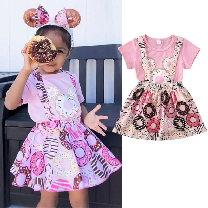 

Cute Summer Newborn Baby Girls Cotton Short Sleeve Romper Tops+ Donuts Printed Skirts Summer 2PCS Outfit Set