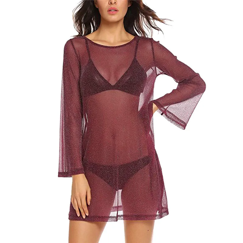 

2021 Sexy Fashion Women Gauze Mesh See-through Mini Dress Sheer Maxi Bikini Tulle Lace Beach Cover Up Swimwear Dress
