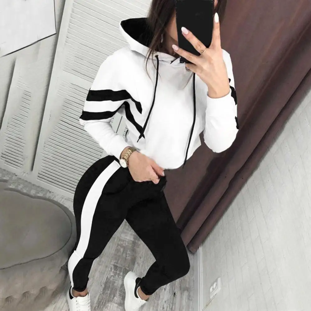 Hxroolrp White Women Splice Cropped Pullover Sweatshirt and Side Striped Pants Tracksuit Sets Casual 2pcs Sport Running Suits | Спорт и