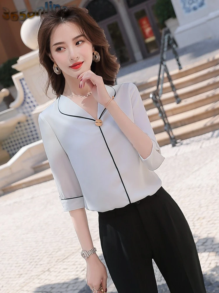 Блузка женская с рукавом до локтя элегантная белая Деловая одежда офисный Топ