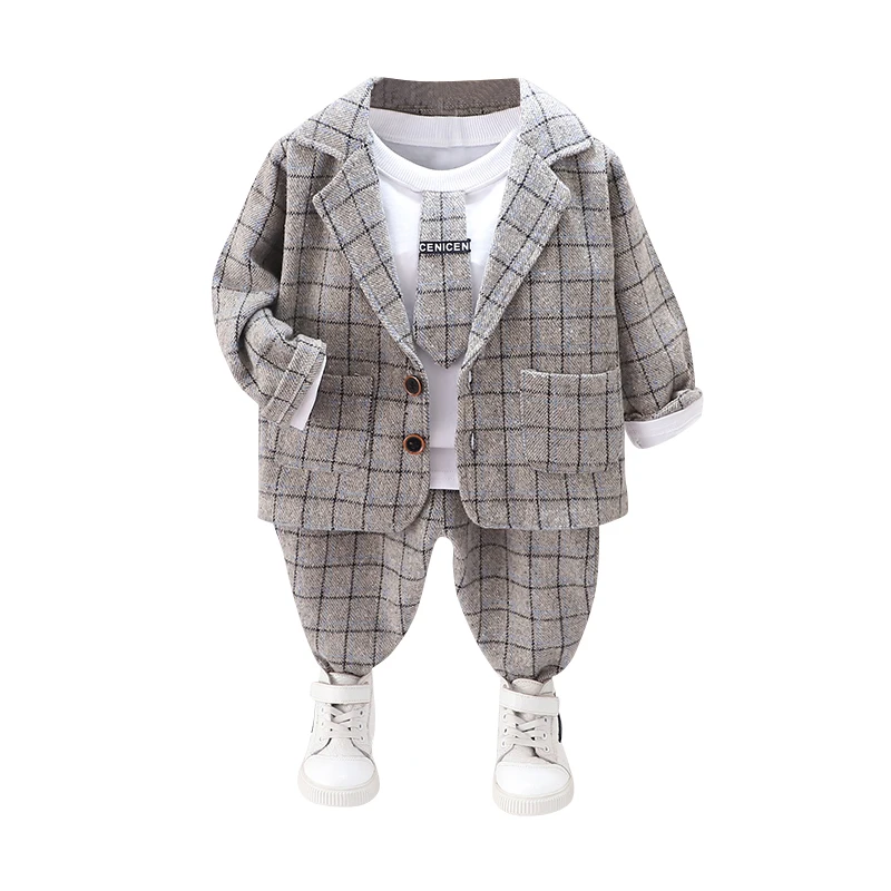

Spring and Autumn Fashion Casual Boys Lapel Plaid Jacket Long Sleeve Trousers Set 3pc Children's Clothes 1-5 Years