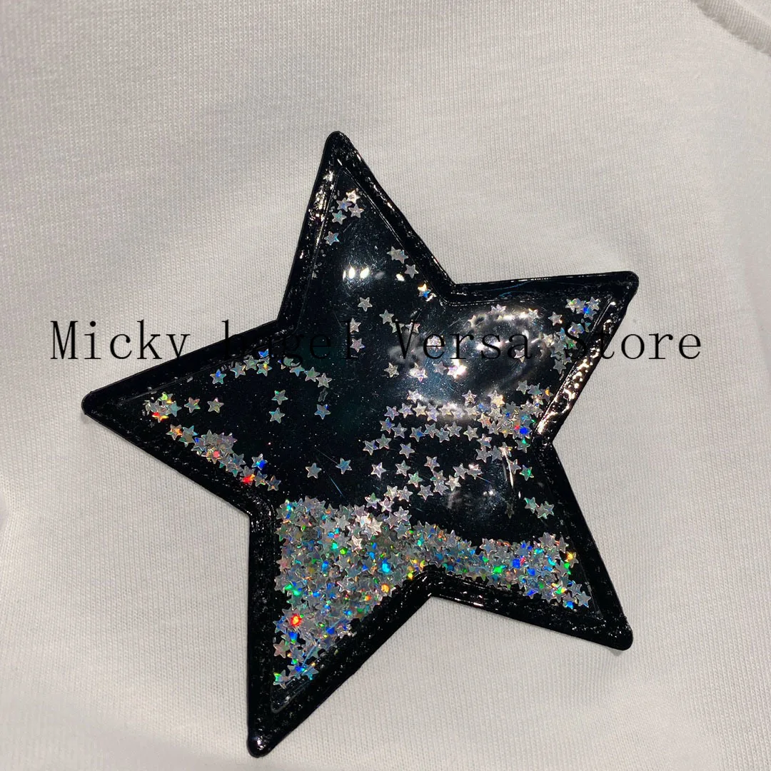 

luxury brand embroidery five pointed star printing fashion women's half sleeve versatile round neck contrast loose bear T-shirt