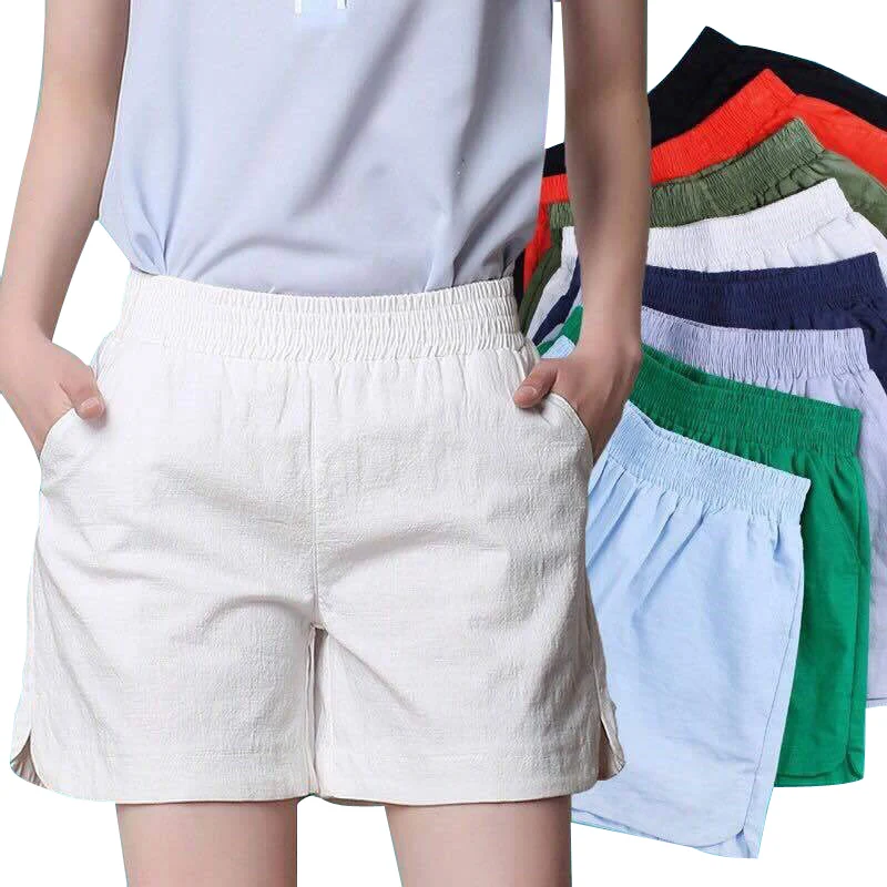 

2021 new women's shorts 4XL summer women's cotton and linen elastic shorts stretch high waist candy color wide leg shorts women