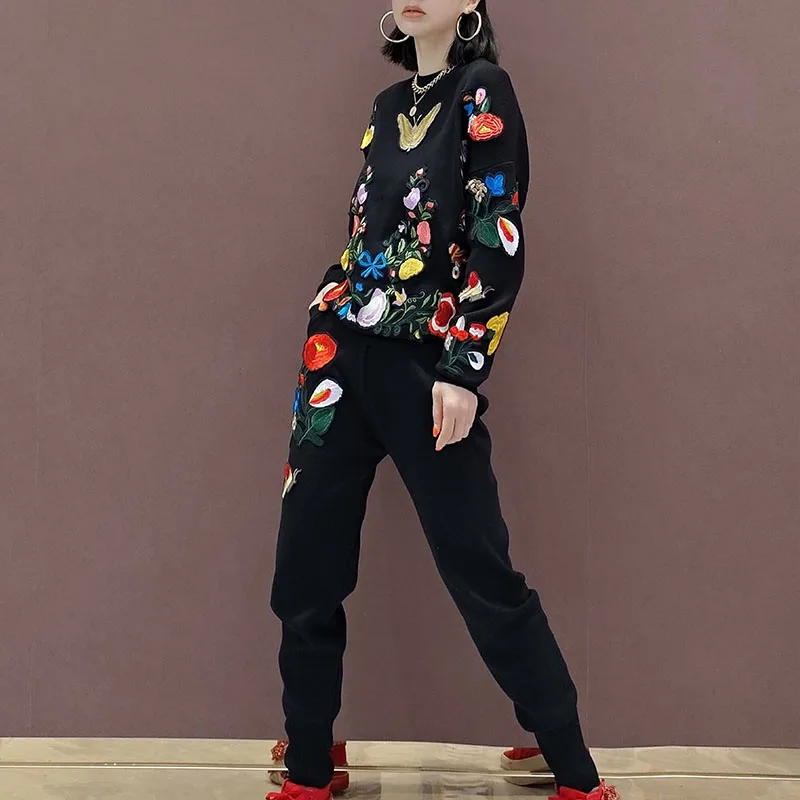 

Fashion Embroidery Flower Butterfly Black Women Knit Tracksuit Outfits O neck Long sleeve Knitwear Pencil Trousers Casual Sets