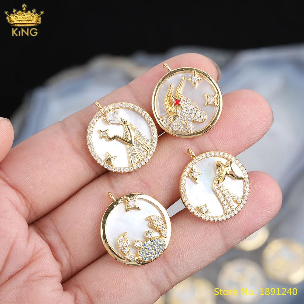 

5pcs CZ Micro Paved 12 Constellation Pendant Jewelry,Natural Shell Round Constellation Charms For DIY Jewelry Making Accessories