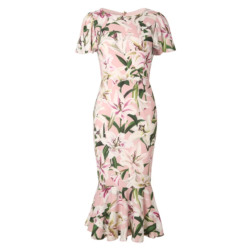 Женское летнее платье-Русалка средней длины с круглым вырезом и рукавом летучая