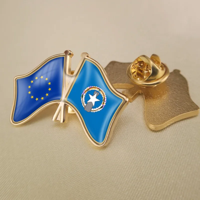 

European Union and Northern Mariana Islands Crossed Double Friendship Flags Brooch Badges Lapel Pins