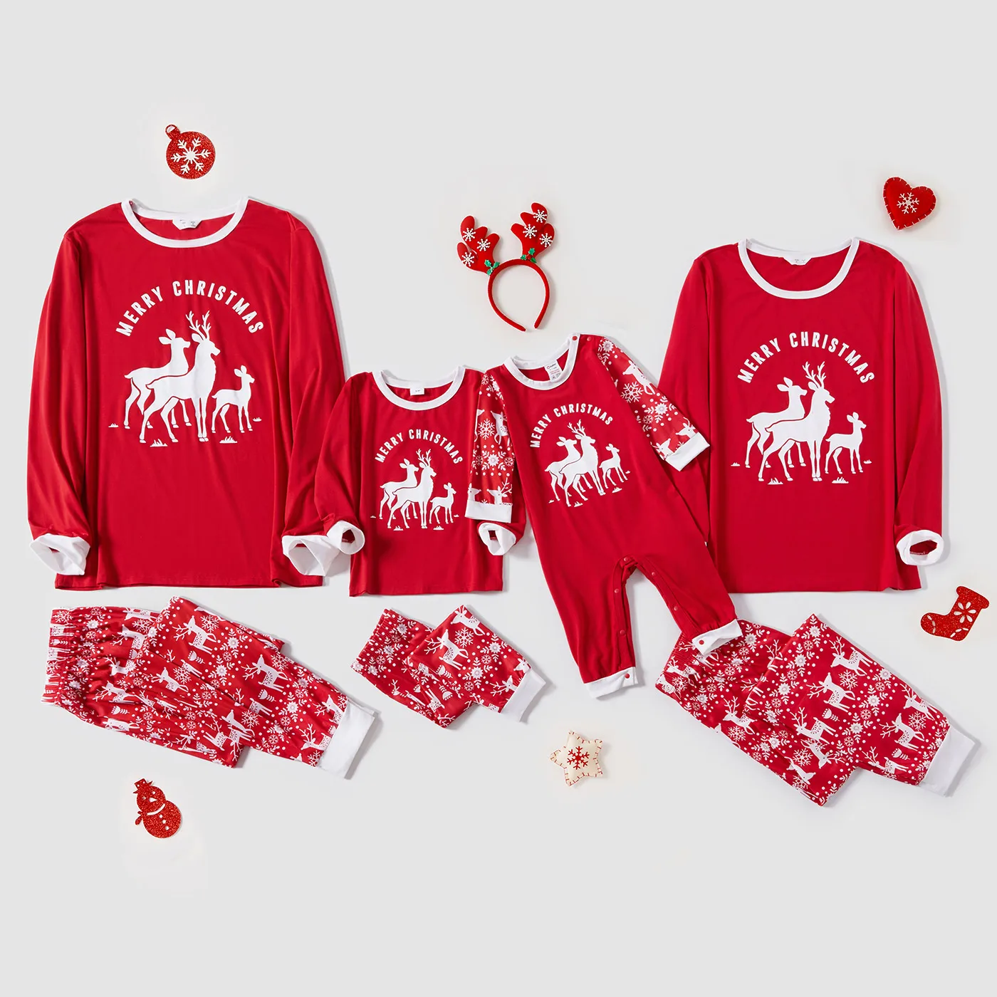 

Пижамные комплекты PatPat с рождественским принтом оленей и надписью, красные Семейные комплекты с длинным рукавом (огнестойкие)