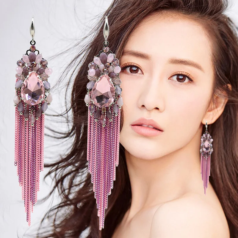 Дизайнерские серьги ручной работы с кристаллами и камнями металлическая цепочка