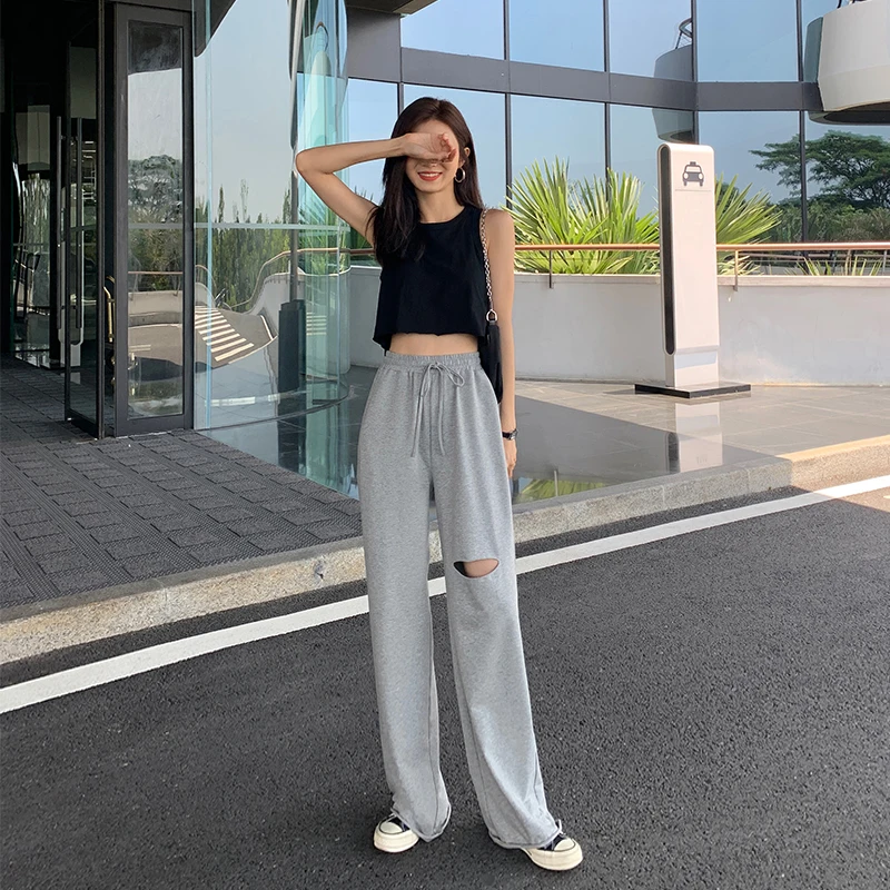 

MULVAN Gray Broken Hole Casual Sports Pants Female 2021 Spring New High Waist Slimming Draping Mopping Sweatpants