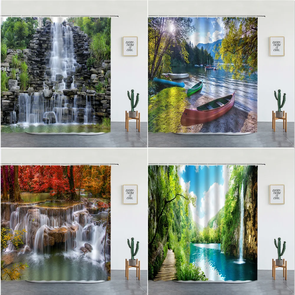 

Шторы для душа с природным лесным ландшафтом, набор «Водопад», зеленые бамбуковые тропические растения, декоративный экран для ванной комн...