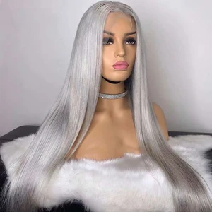 Sliver Grey Synthetic Lace Front Wig Transparent Lace Long Straight High Temperature Fiber Daily Wear For Women Sliver Grey Synthetic Lace Front Wig Transparent Lace Long Straight High Temperature Fiber Daily Wear For Women